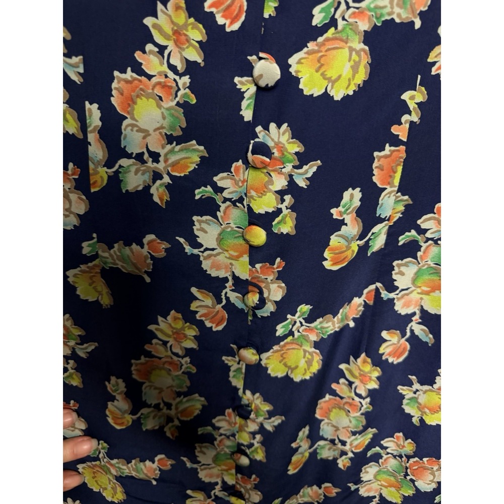 YL Dress Womens Navy Blue Floral 100% Silk Button Front Long Sleeve Mini Dress 4 - Picture 3 of 7